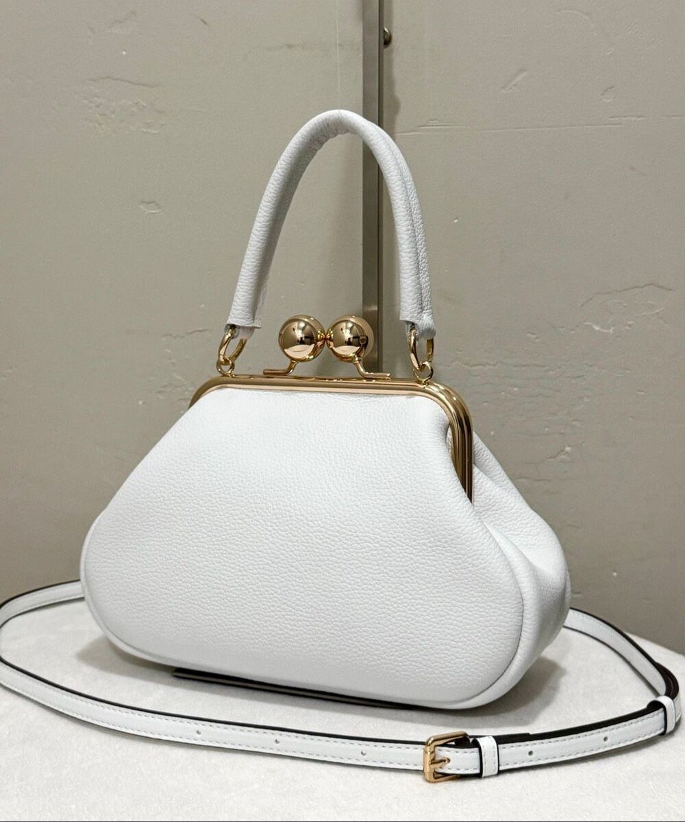 White Premium Pebble Leather Handmade Kisslock Frame Bag, Crossbody